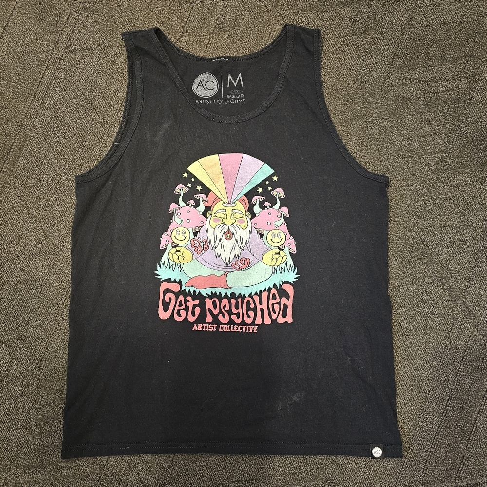 Artist Collective Get Psyched Womens  Sz S Black Tank Top Streetwear Y2K Alt.